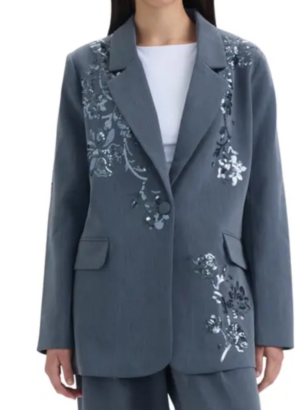 NVLT Sequin Embellished Notch Collar Single Button Blazer Jacket Blue Size XS